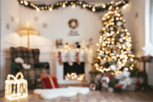 a family room glowing with christmas lights
